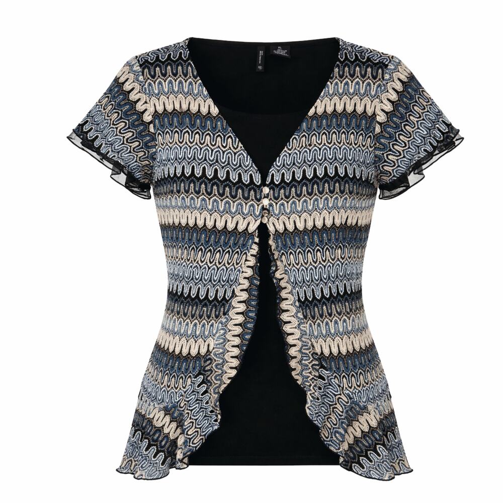 New Directions Women’s Black Top Button Cardigan Sz S/M Layered Knit Blouse
